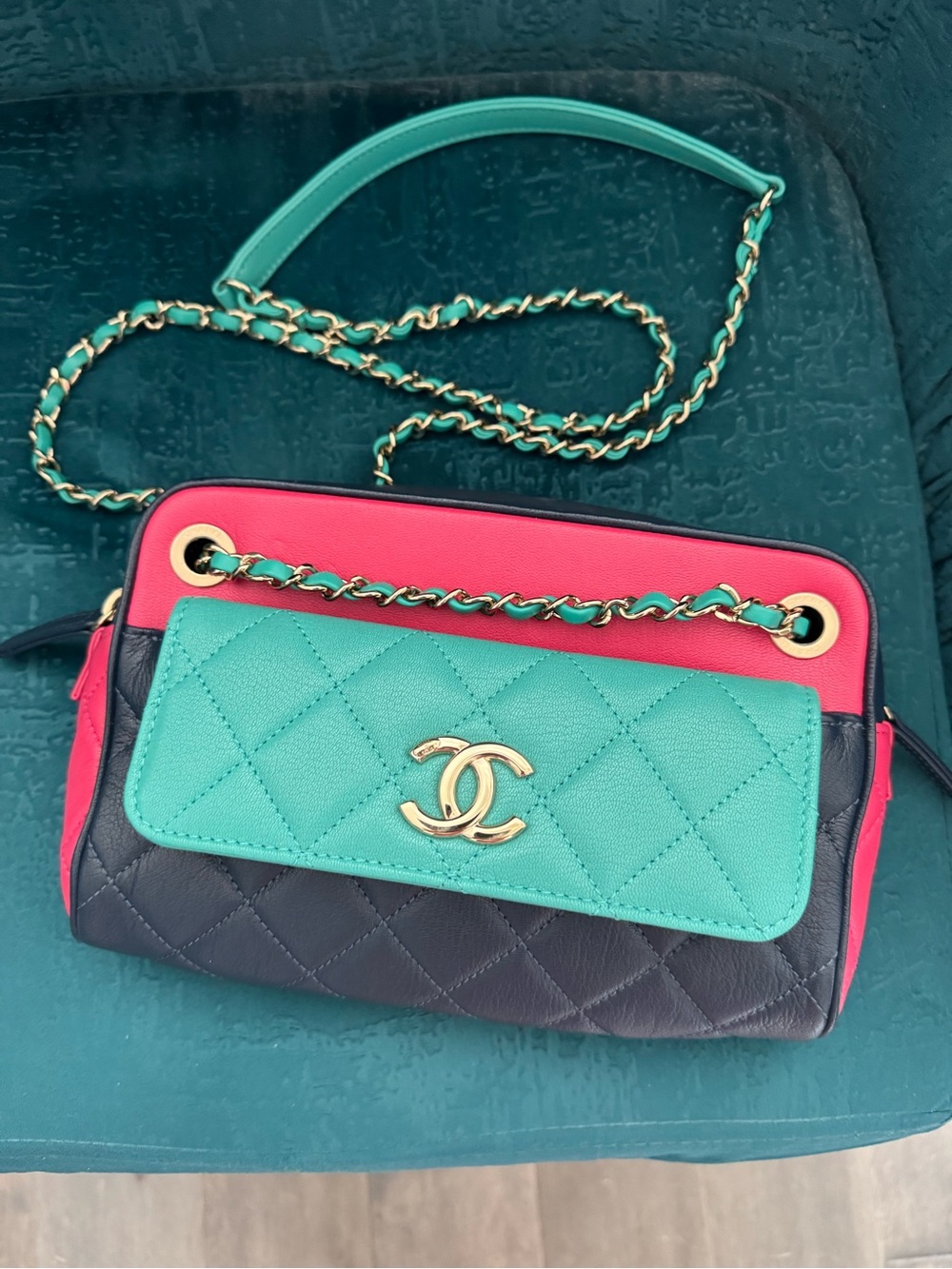 CHANEL Quilted Colorblock Crossbody Bag in Teal, Pink & Navy